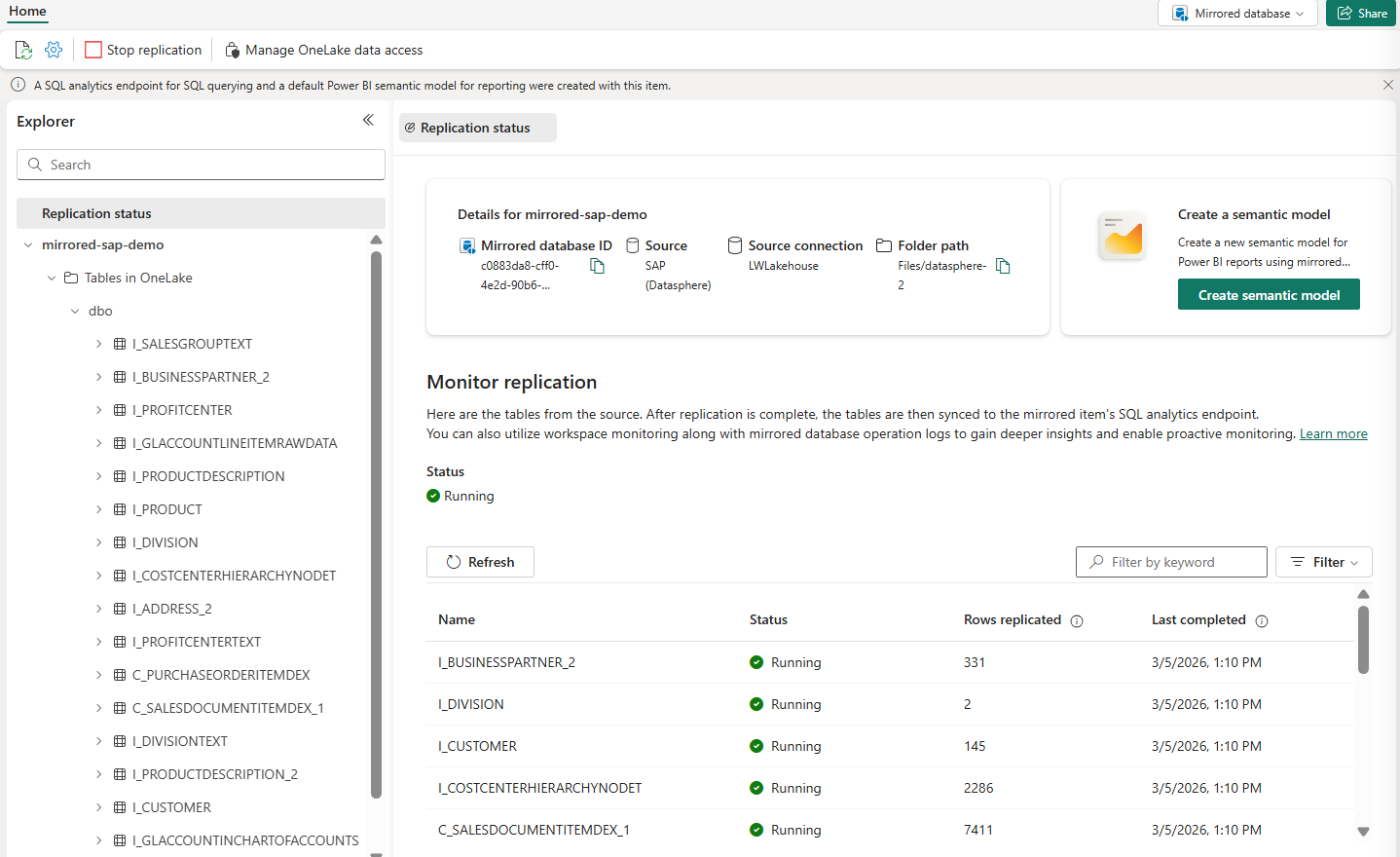 Screenshot of a mirrored database for SAP including a list of mirrored tables and the status.