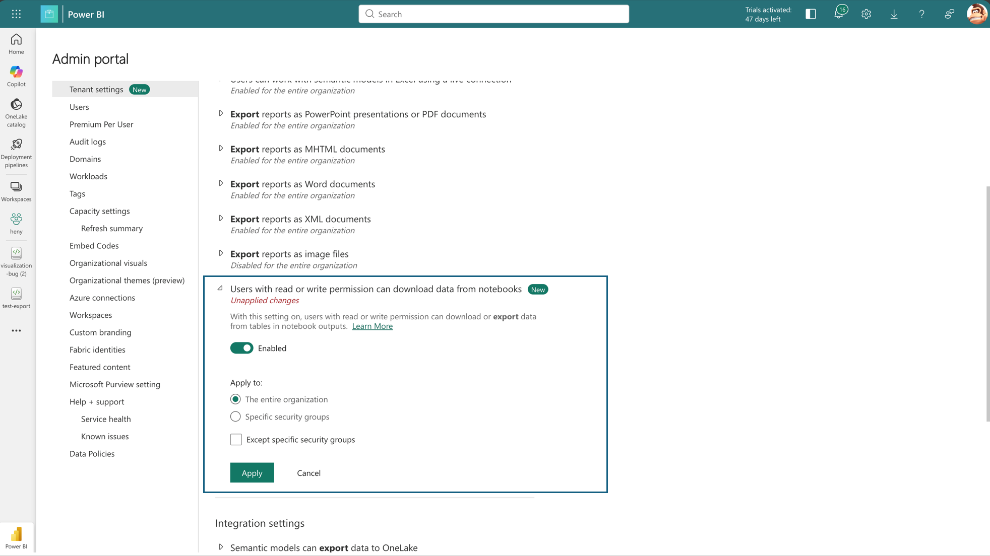 Screenshot of a software admin portal showing data export settings for an organization. The interface includes options to enable export permissions for various file types, with a highlighted section allowing users with read or write permissions to download or export data, accompanied by radio buttons and checkboxes to apply settings to the entire organization or specific security groups.