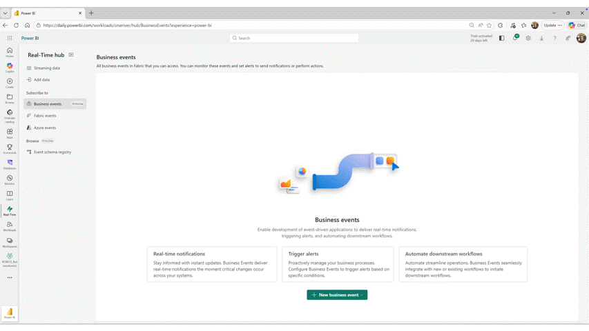Screenshot of a software dashboard showing a "Business events" setup page within Real-Time Hub experience. The page includes options for real-time notifications, trigger alerts, and automated downstream workflows, with a prominent button labeled "New Business event" for creating events.