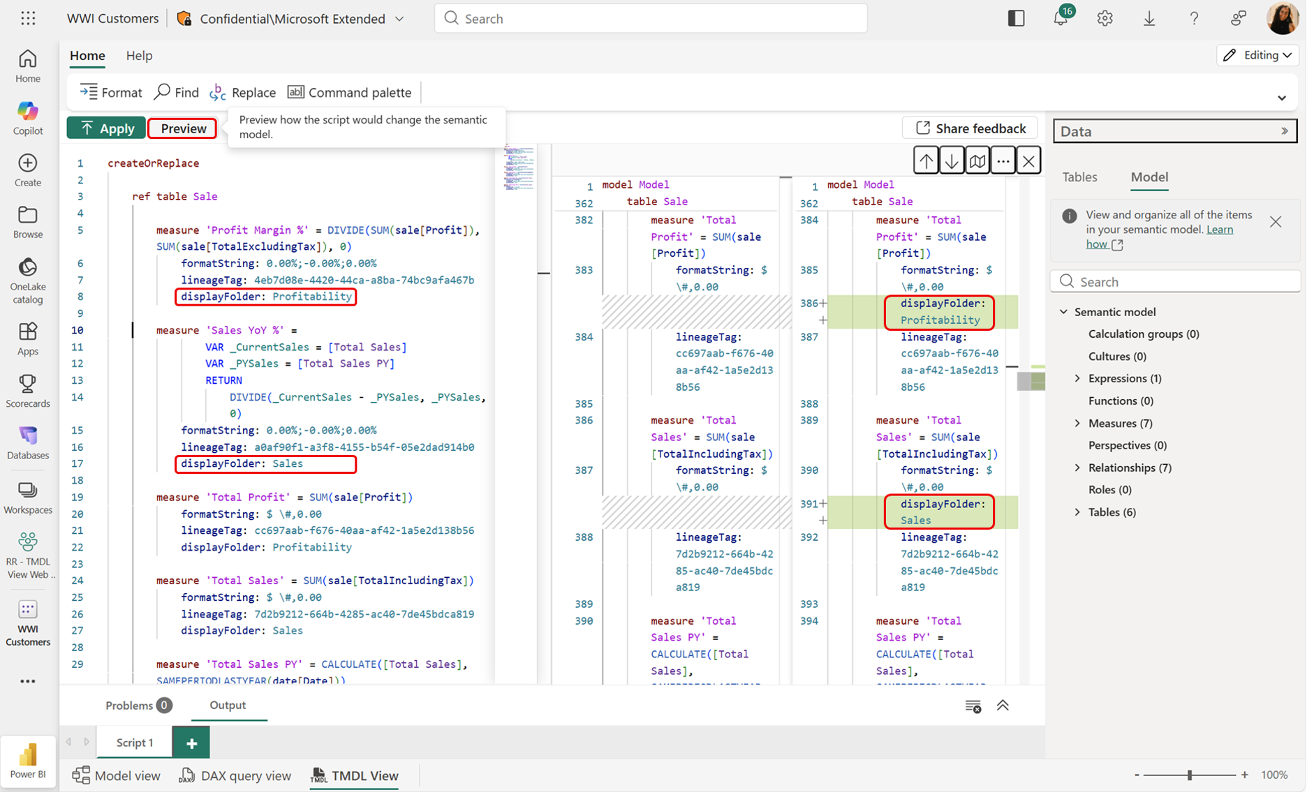 Screenshot of a software interface displaying a code editor with DAX formulas for calculating sales profit margins and total sales, highlighted with red boxes around specific variables like "displayFolder." The interface includes tabs for formatting, data, and model views, with a sidebar showing tables and model elements, emphasizing code structure and semantic roles for data analysis.