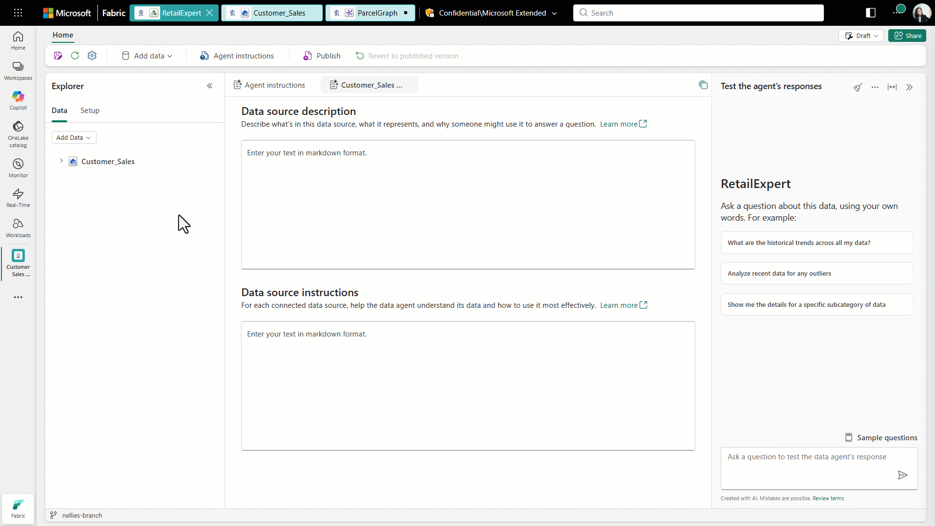 Screenshot of a software interface showing a data source description and instructions form within a RetailExpert application. The layout includes a left sidebar with navigation options, a main content area with text input fields for data source details, and a right panel for testing agent responses with sample questions.