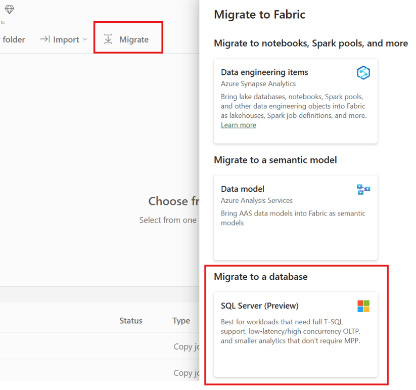 Screenshot of a software interface showing migration options under "Migrate to Fabric," including migrating data engineering items, semantic models, and databases. The "Migrate" button is highlighted, with a focus on the "SQL Server (Preview)" option described as suitable for workloads needing full T-SQL support, low latency, high concurrency OLTP, and smaller analytics without MPP.