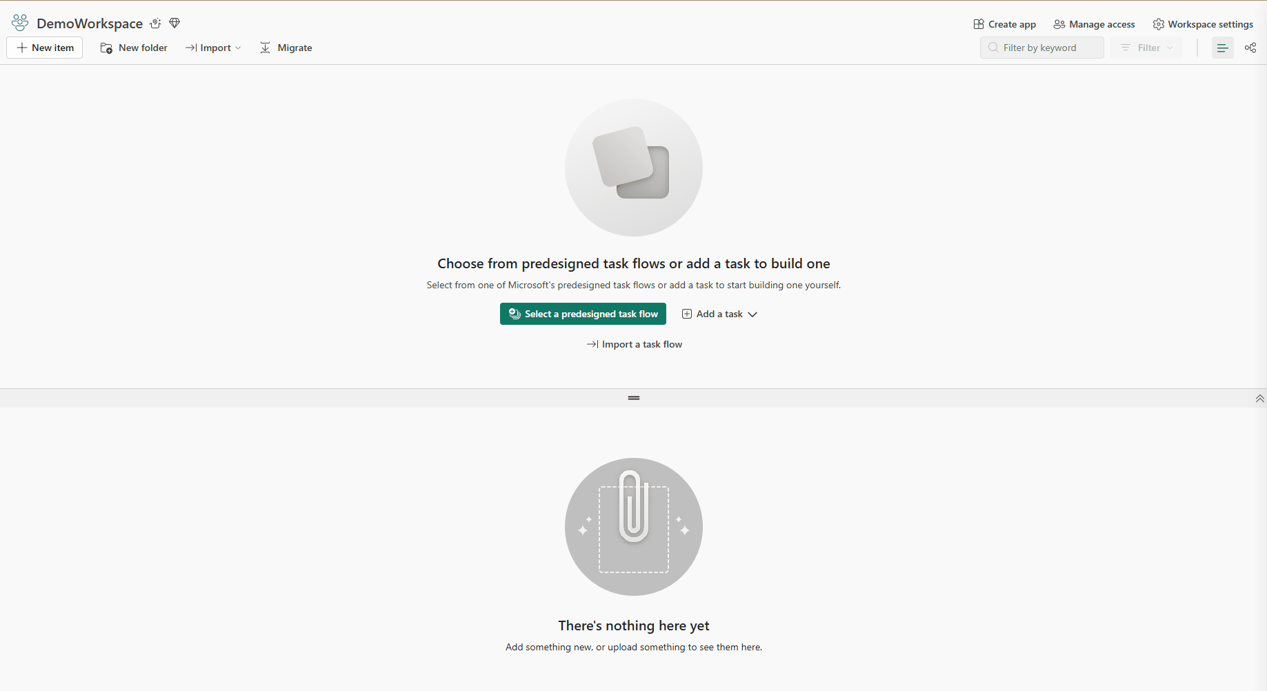Screenshot of a software workspace interface labeled "DemoWorkspace" showing an empty task flow area with a message prompting to choose from predesigned task flows or add a new task. The interface includes navigation options like "New item," "New folder," "Import," and "Migrate," with a central icon of a paperclip and text indicating no content is present yet.