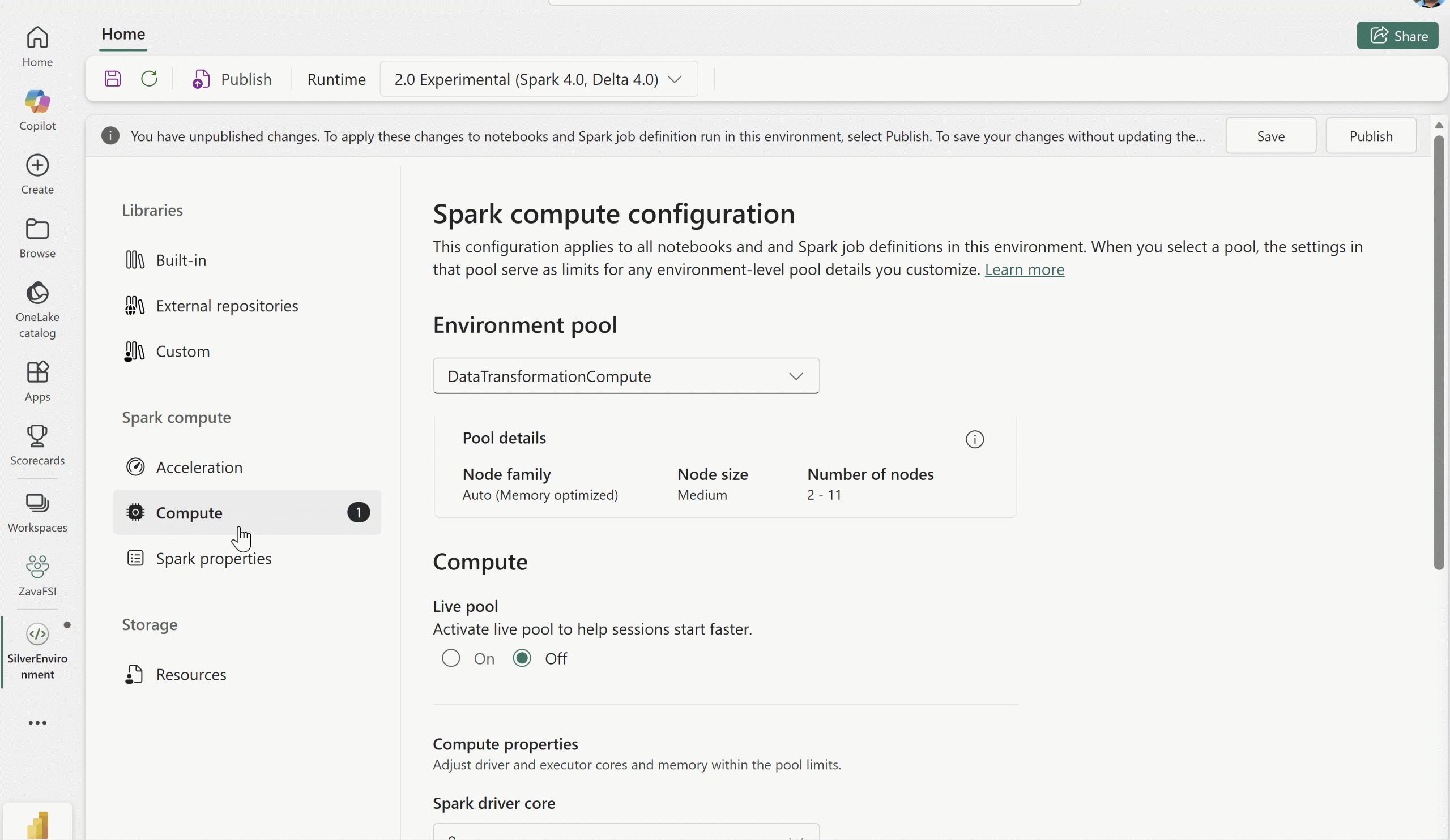 Screenshot of a Spark compute configuration panel within a data analytics platform showing settings for environment pool, node family, node size, and number of nodes. The interface includes options to activate live pool, adjust compute properties, and buttons for saving or publishing changes, with a sidebar menu listing libraries, compute, storage, and other workspace components.