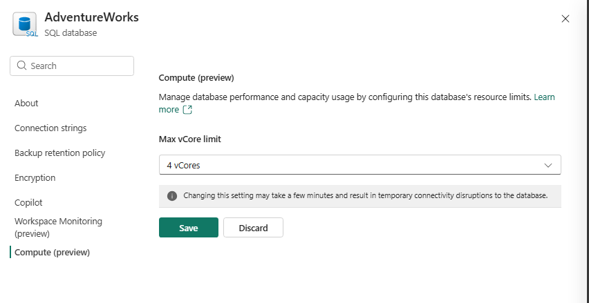 Compute-Limit geändert auf 4 vCores