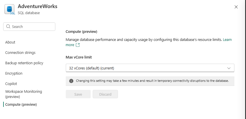 SQL Datenbankeinstellungen: Compute-Konfiguration