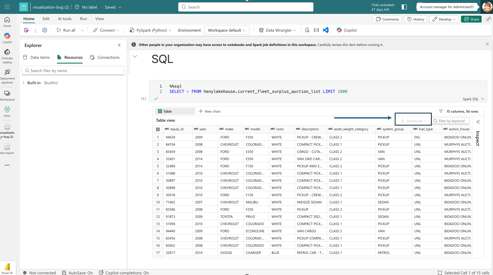 Screenshot of a SQL query interface displaying a query selecting top 1000 rows from a table named heavyvehicles.current_fleet_surplus_auction_list. The table preview shows columns like stock number, year, make, model, description, asset weight category, vehicle group, and auction house, with data entries primarily for Ford vehicles from various years.