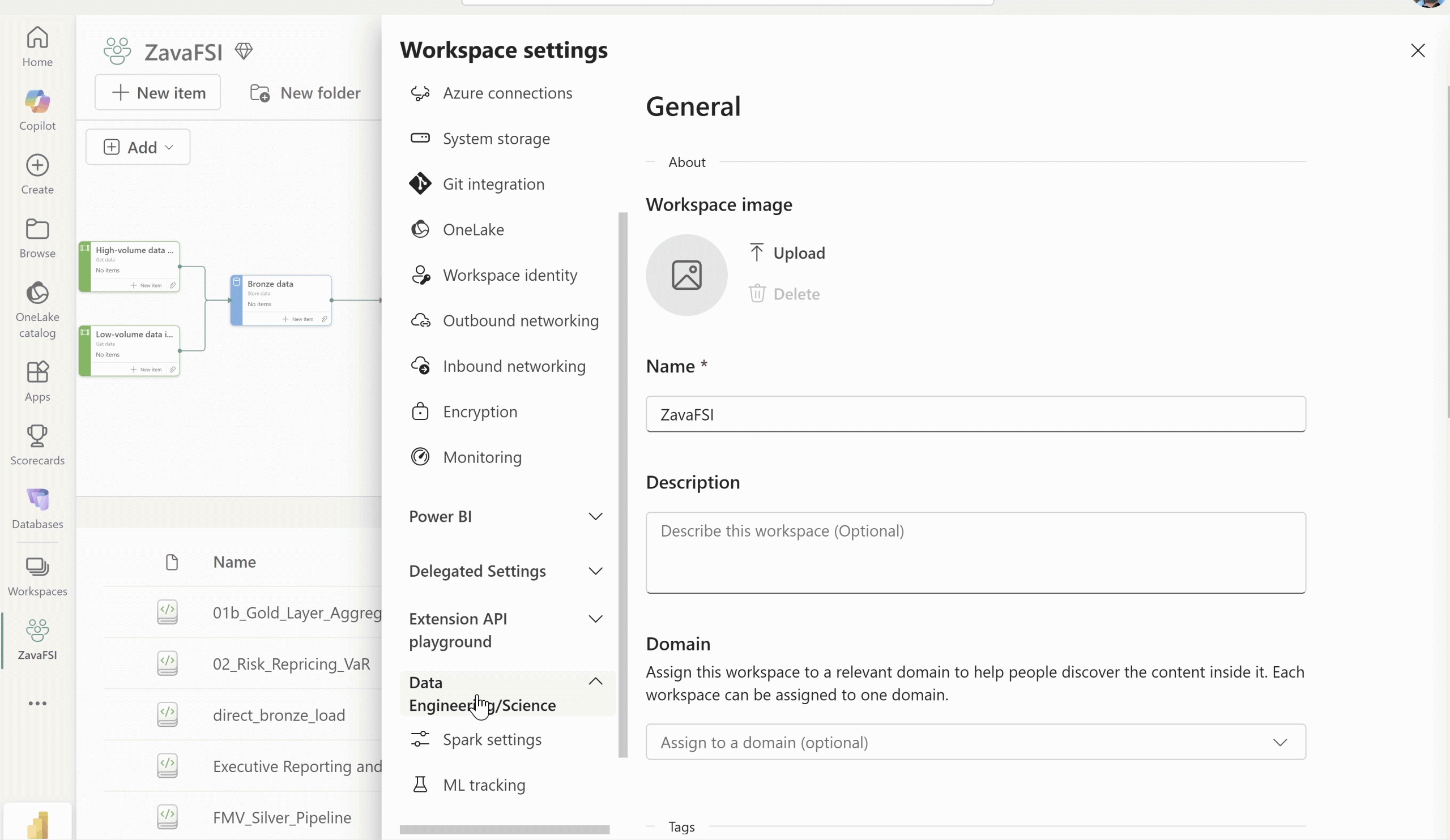 Screenshot of a workspace settings panel within a software interface named ZavaFSI, showing options for general settings including workspace image upload, name input, description, and domain assignment. The left sidebar displays navigation options such as Azure connections, system storage, Git integration, and Power BI, while the background shows a partial view of a data flow diagram and a list of database items.