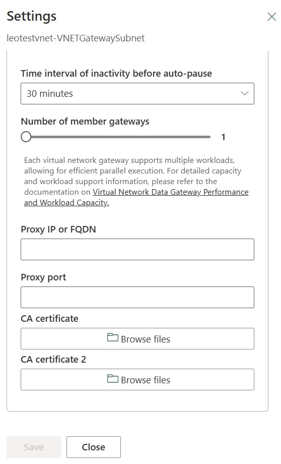 Screenshot of certificate and proxy settings for a Virtual Network Data Gateway