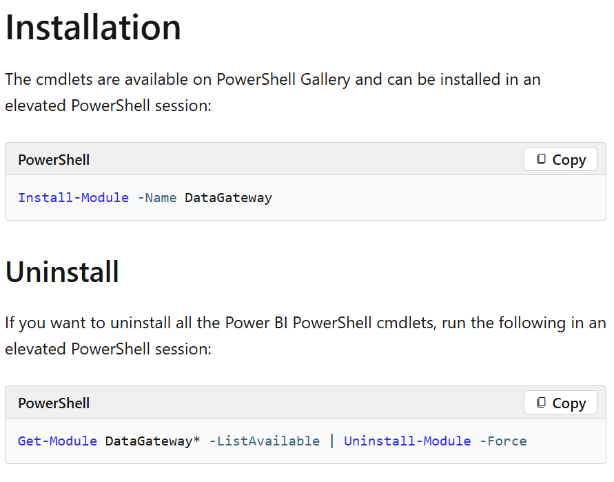 Screenshot of commands from the Gateway PowerShell module used to manage and monitor gateway operations