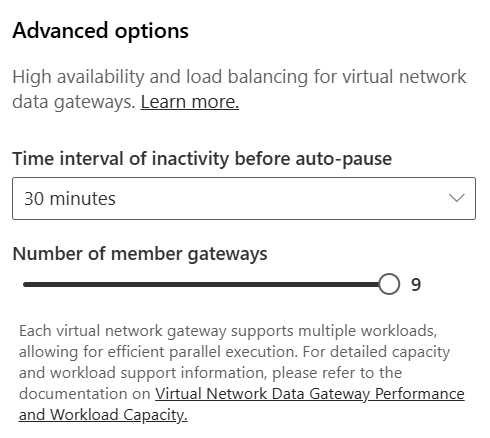 Screenshot of configuration interface showing multiple instances in a virtual network data gateway cluster.