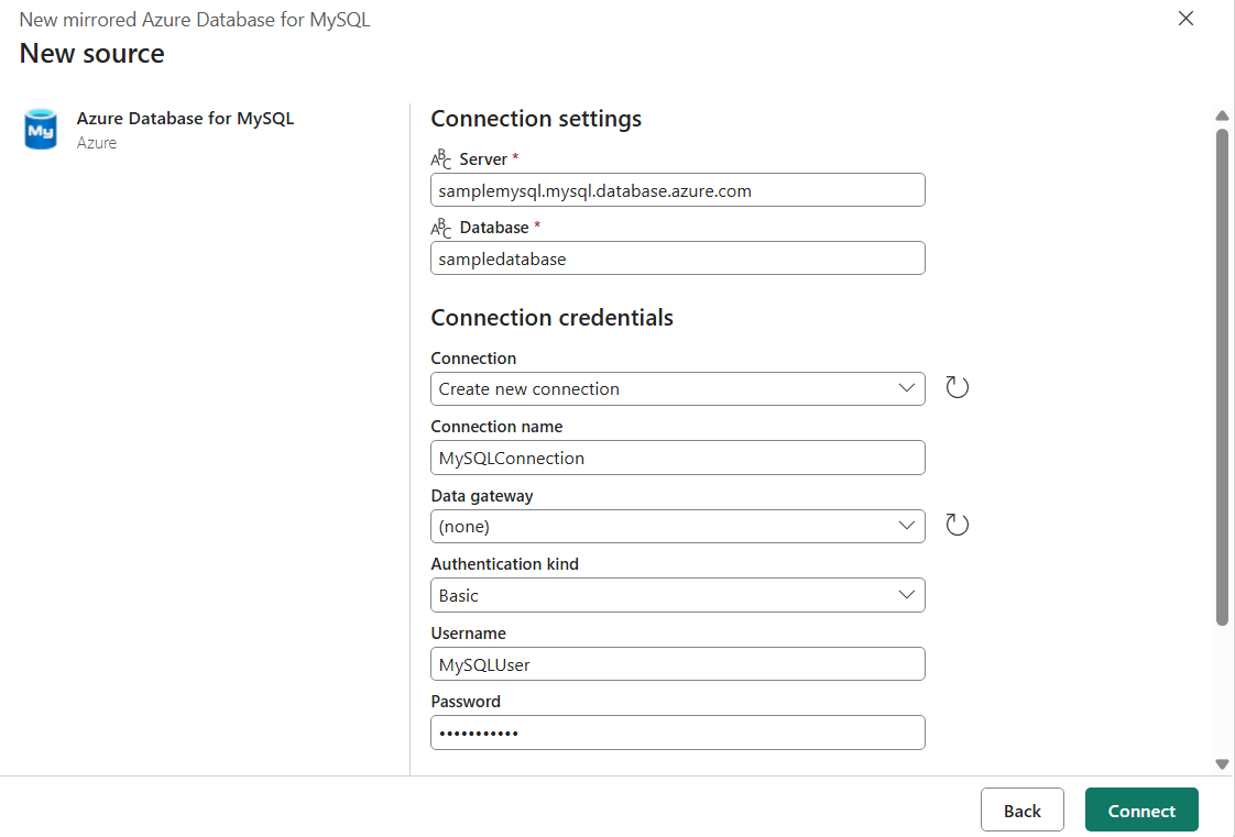 Screenshot of configuring a mirrored database for Azure Database for MySQL