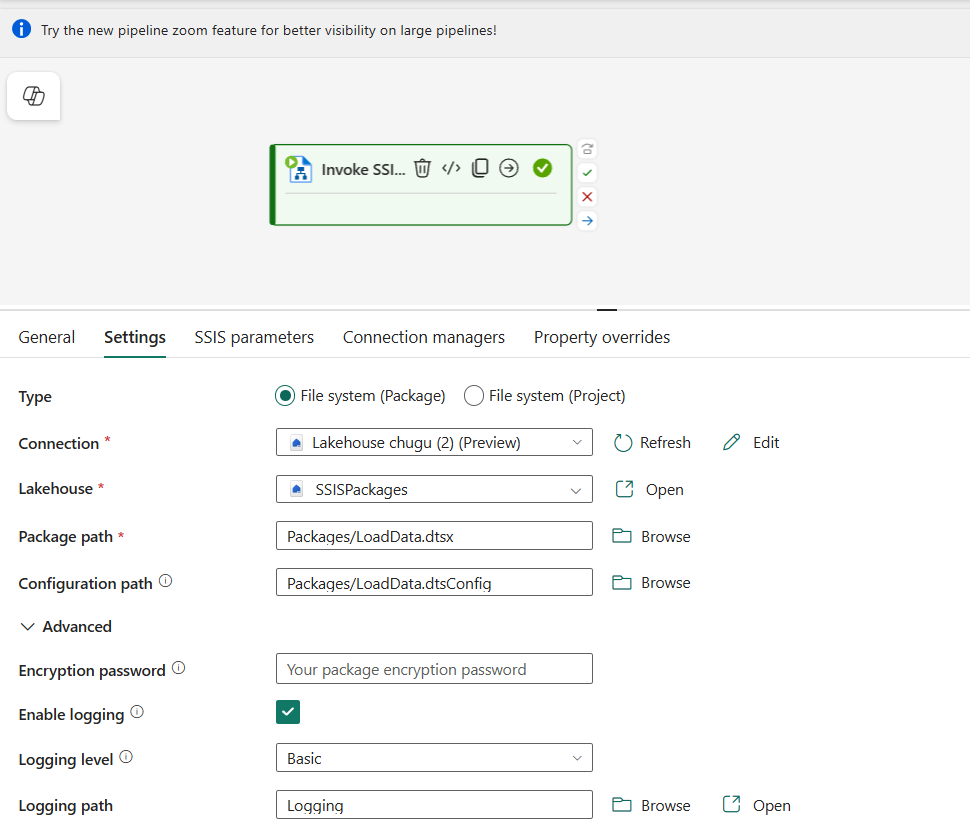 Screenshot of pipeline canvas, select the "Invoke SSIS Package (Preview)" from the dropdown menu under "Activities" tab. The image is an interface displaying a pipeline configuration with various tabs for SSIS package management and properties.
