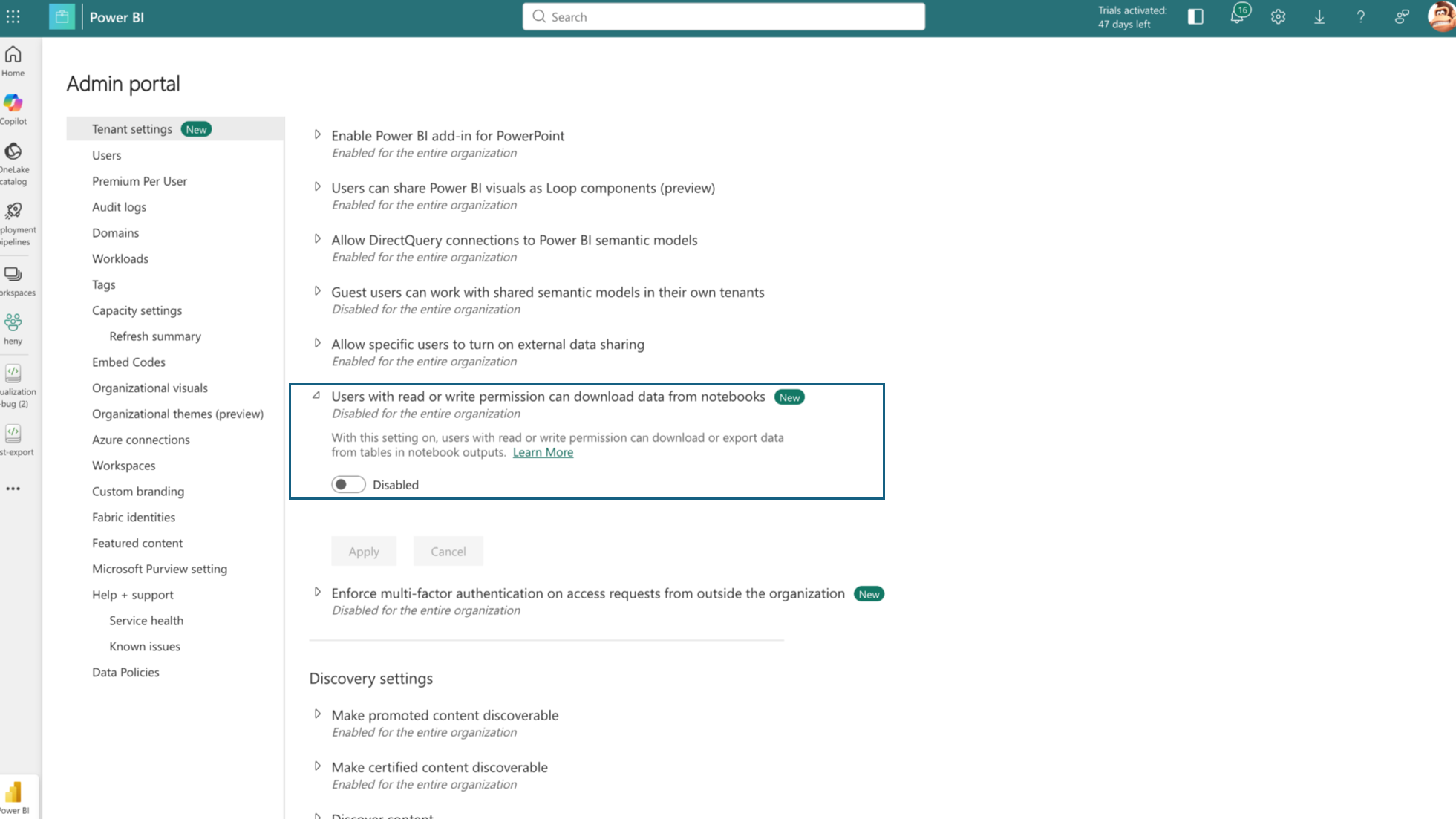 Screenshot of Power BI Admin portal settings page showing configuration options for tenant settings, user permissions, and discovery settings. Key elements include toggles for enabling Power BI add-in, DirectQuery connections, external data sharing, and user download permissions, with some options enabled and others disabled.