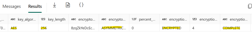 Screenshot of query result set of the SYS.DM_DATABASE_ENCRYPTION_KEYS  DMV. Notable entries include AES algorithm with a 256-bit key, highlighted terms "ASYMMETRIC," "ENCRYPTED," and "COMPLETE," indicating successful encryption processes.