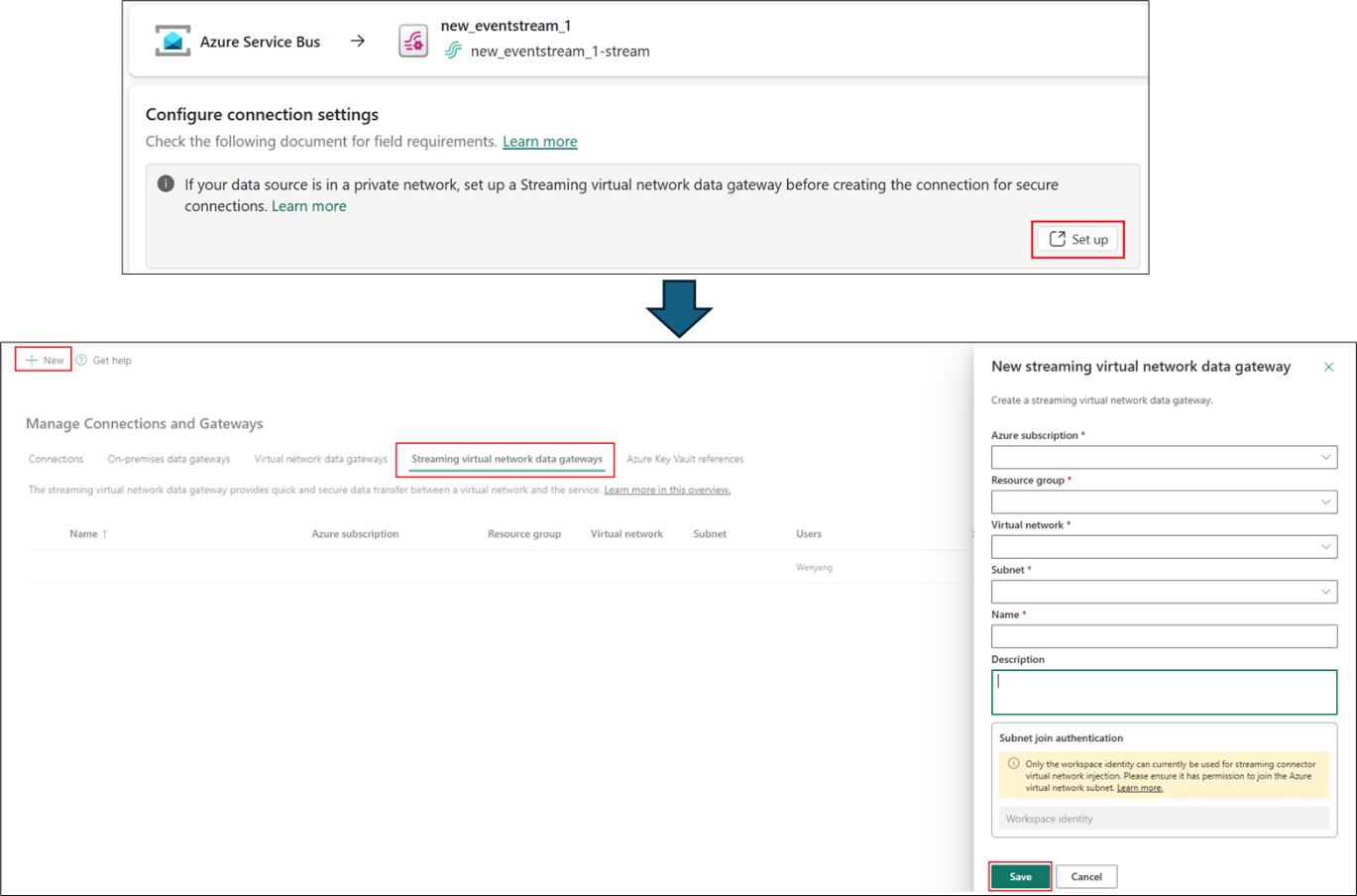 Screenshot of setting up a streaming virtual network data gateway for secure connection with specifying the virtual network resource information.