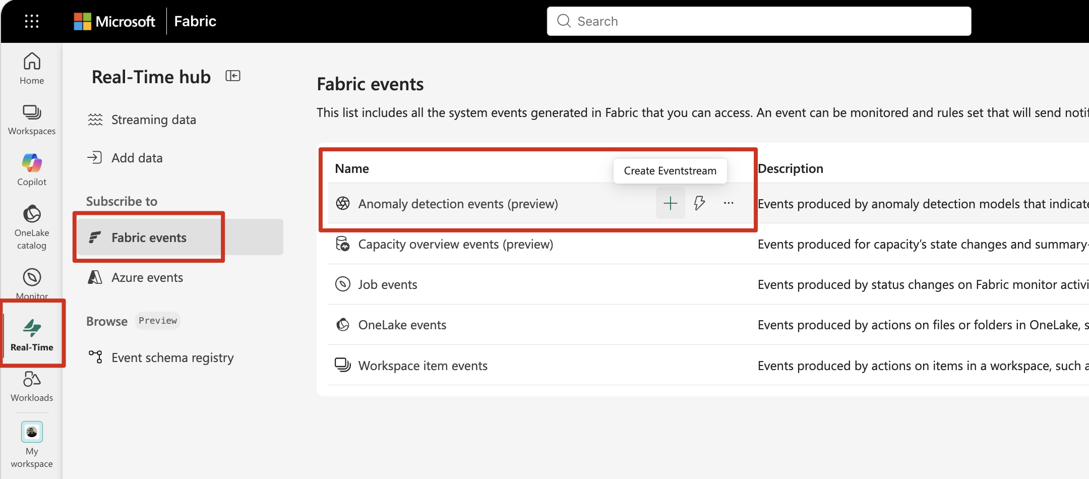 Screenshot of showing where to find the Anomaly Detection events in Real-Time hub. User can select “Create Eventstream” to add it to a new eventstream item.