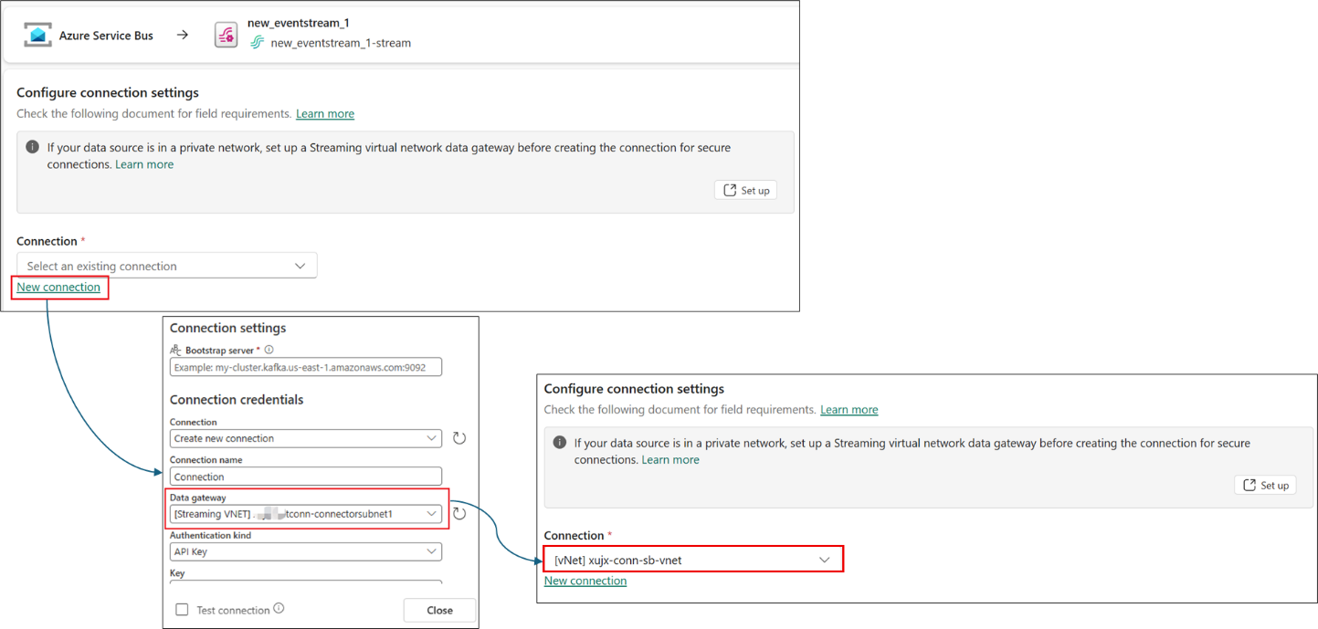 Screenshot of streaming virtual network data gateway being used in DMTS connection creation and the corresponding DMTS is being selected during source configuration.

