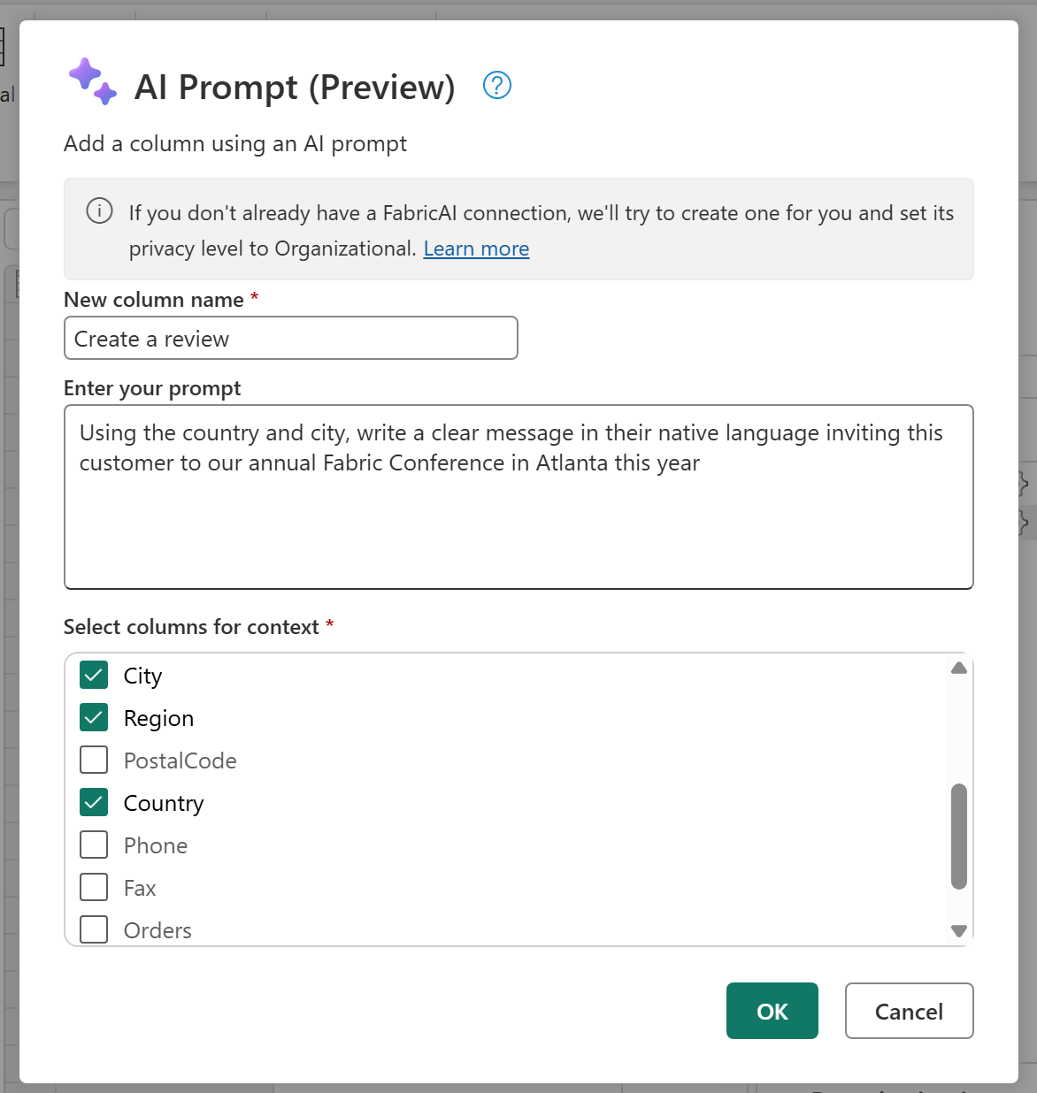 Screenshot of the AI Prompt dialog in Dataflow Gen2