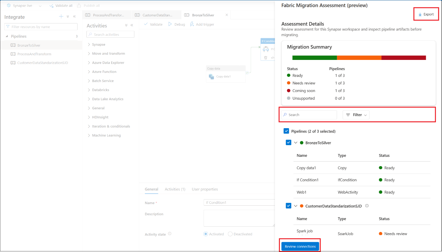 Screenshot of the assessment results page displaying pipeline readiness statuses and an Export option.