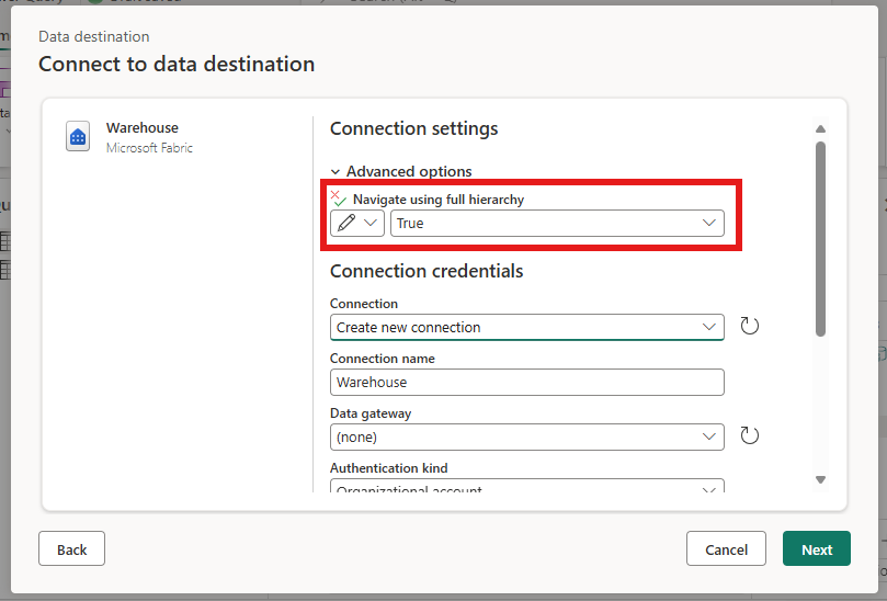 Screenshot of the connect to data destination dialog showing a Warehouse connection leveraging the navigate using full hierarchy