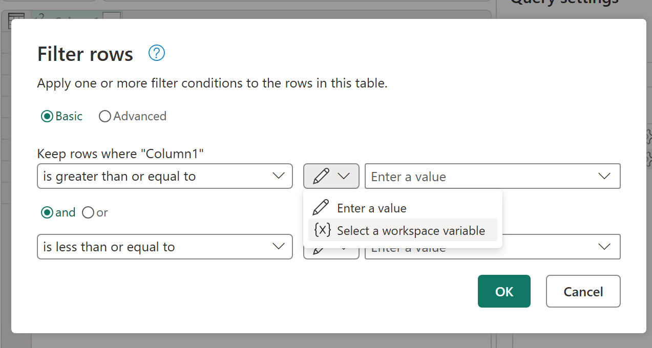 Screenshot of the FIlter rows dialog within Dataflow Gen2 showing the input widget and the option to Select a workspace variable