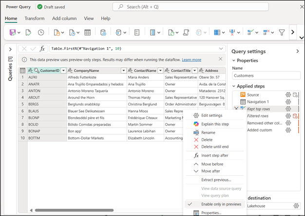 Screenshot of the Power Query editor in Dataflow Gen2 with the contextual menu of a step showing the enable only in previews option.