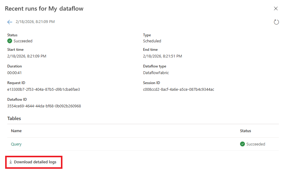 Screenshot of the recent runs dialog showing the new button at the bottom left of the dialog to Download detailed logs