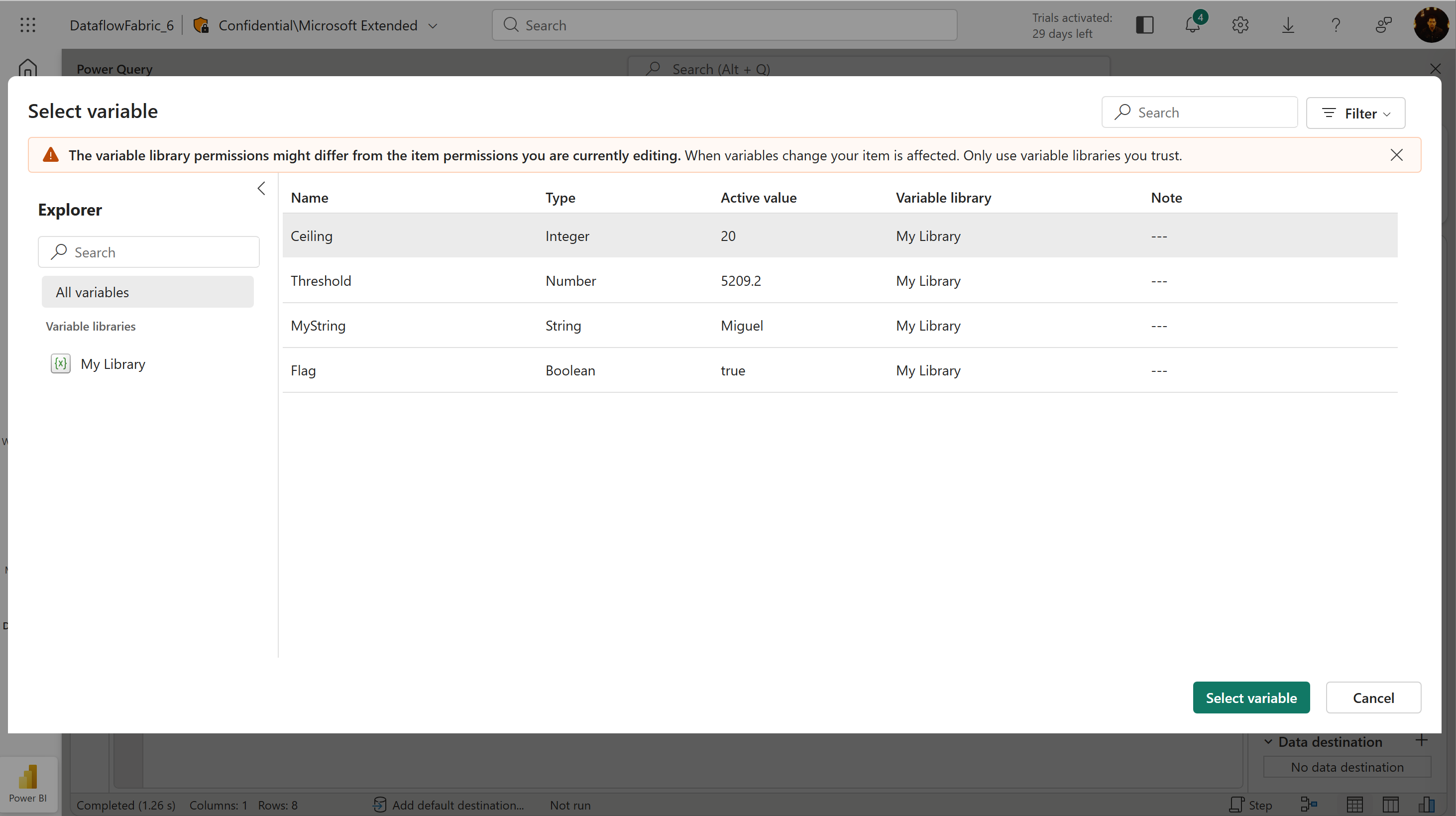 Screenshot of the select variable dialog invoked from within a Dataflow Gen2