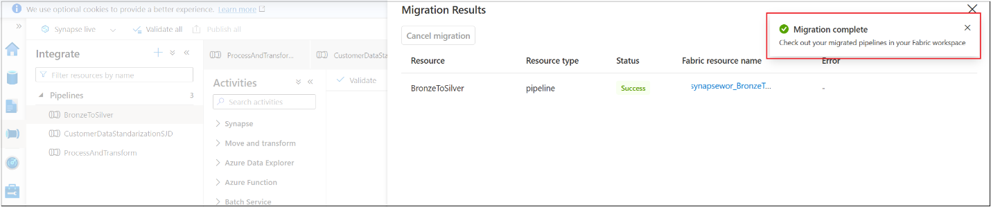 Screenshot showing successful
 migration of synapse pipelines