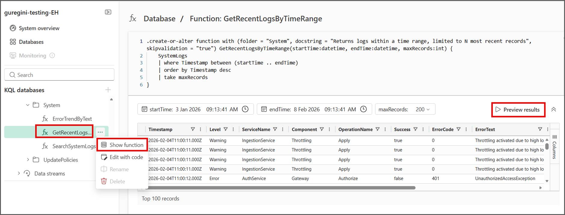 Screenshot shows DB Explorer with the Functions folder expanded and a function selected. The function opens in read-only mode, and the Preview results option is available to run the function and display the output, with fields provided to enter parameters.