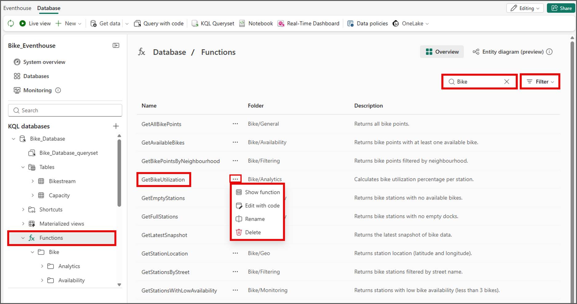 Screenshot shows the Functions list with all available functions in the database, with options to sort, search, and open a menu with additional actions