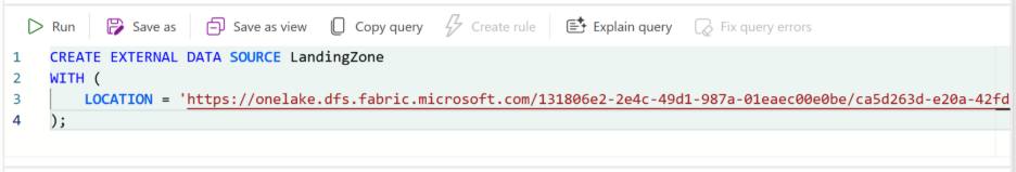 SQL query editor displaying a CREATE EXTERNAL DATA SOURCE statement for LandingZone with a specified LOCATION URL.