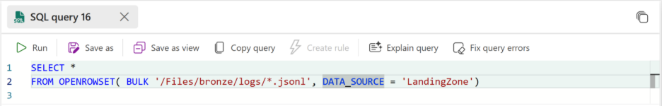 SQL query editor showing a query that selects all data from a JSONL file located in a bronze data folder, referencing a data source labeled 'LandingZone'.