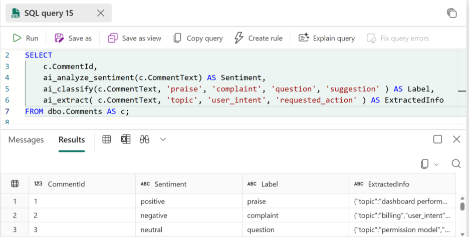 SQL query showing sentiment analysis and classification of comments. Query extracts sentiment, label (praise, complaint, question, suggestion), and additional info from comments, with results displaying comment IDs, sentiment, labels, and extracted JSON data.