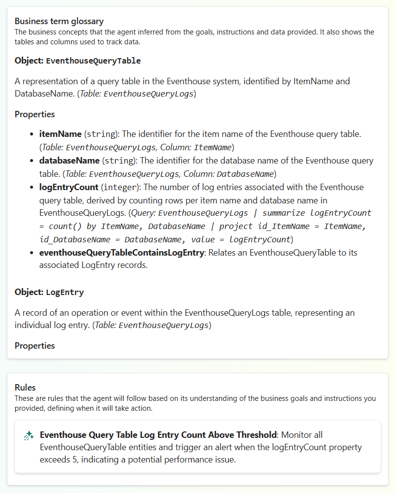 The image depicts an object-oriented representation of EventhouseQueryTable and LogEntry data structures, detailing attributes like itemName, databaseName, and logEntryCount, and their relationships.

AI-generated content may be incorrect.