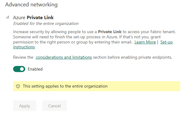 The image displays a configuration page for enabling Azure Private Link within an organization, outlining the process of setting up and permissions required for its implementation.
