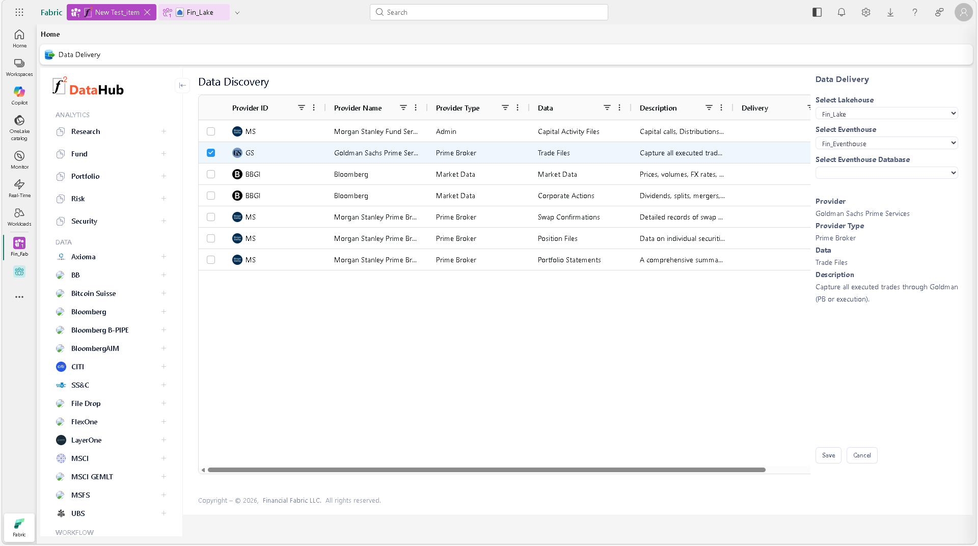 The image displays a dashboard of Financial Fabric on MS FAbric, featuring various sections for different types of data such as analytics, market data, and trade files, with options to select different data sources like Bloomberg, Morgan Stanley, and others.