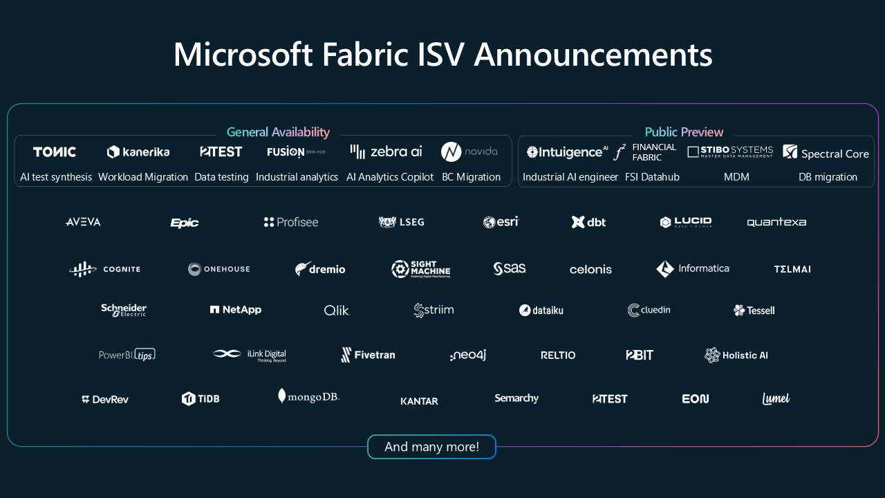 The image displays a list of various Microsoft Fabric ISV (Independent Software Vendors) with their names and services, showcasing a diverse range of tech companies.