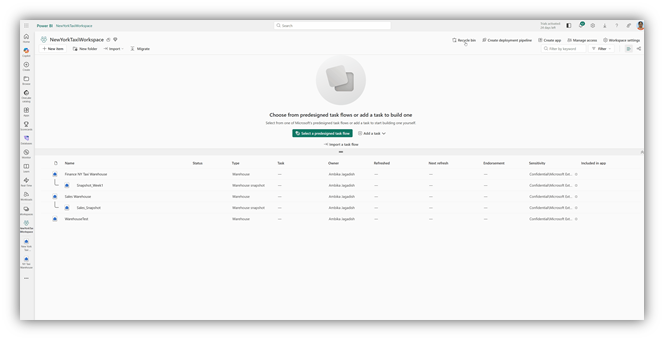 The image displays a Power BI New York Taxi Workspace dashboard with various artifacts. To Recover the dropped Warehouse and its related child artifact, click on the Recycle Bin on the top right corner of the workspace.  Navigate to the Recycle Bin which contains the list of dropped artifacts within the retention period which includes Marketing NY Taxi Warehouse and a Warehouse Snapshot.  Select the artifacts that you want to Restore and click on RESTORE button. Within a couple of minutes, the selected artifact along with its child artifact will be RESTORED. The warehouse will be as of the prior point in time of the drop.