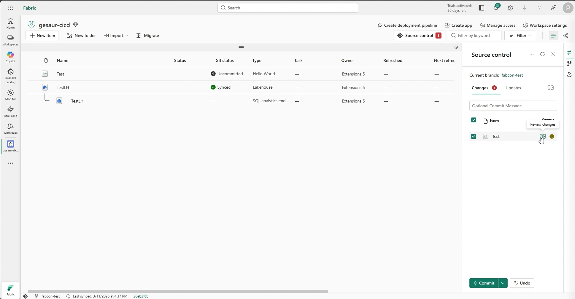 The image displays a software interface with various tabs and sections such as 'Fabric', 'Trials activated', 'Create deployment pipeline', 'Source control', and a list of tasks, branches, and changes, indicating a user's interaction with a project management or version control system.

AI-generated content may be incorrect.