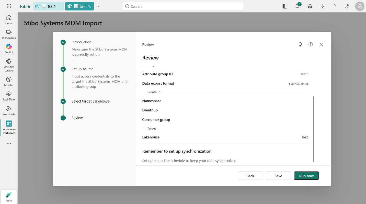 The image displays a user interface for Stibo Systems' MDM on Microsoft Fabric