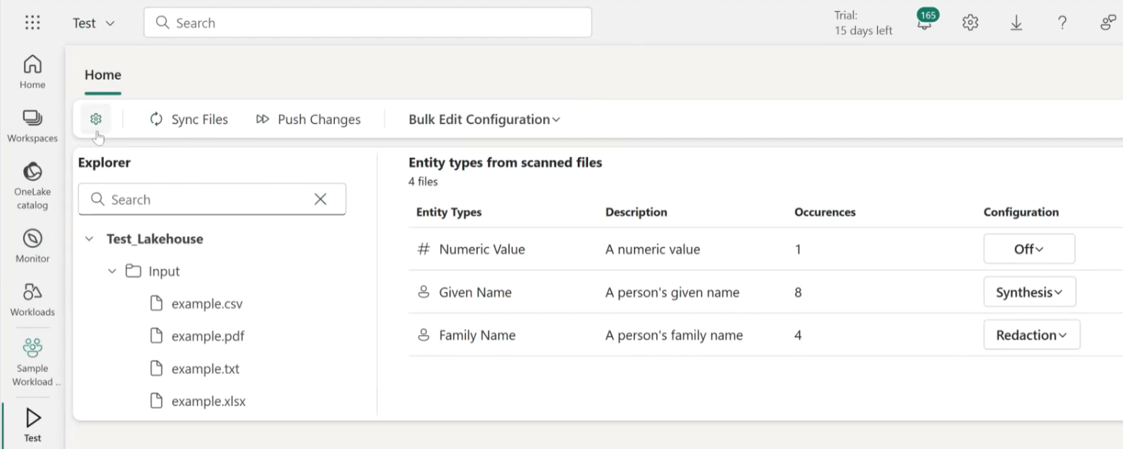 The image displays the interface from Tonic.ai with various options for managing entities, configurations, and data, including a file explorer, a search bar, and fields for inputting and editing information.