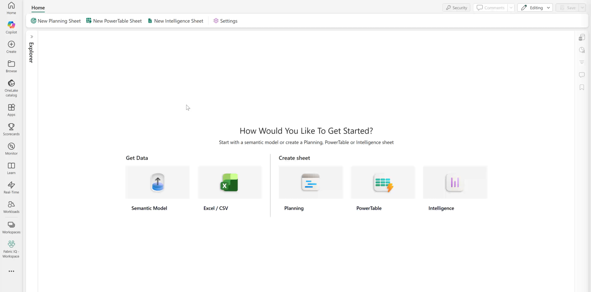 The image is a screenshot from the Planning Get Started section, including the main capabilities: Planning, PowerTable, and Intelligence.