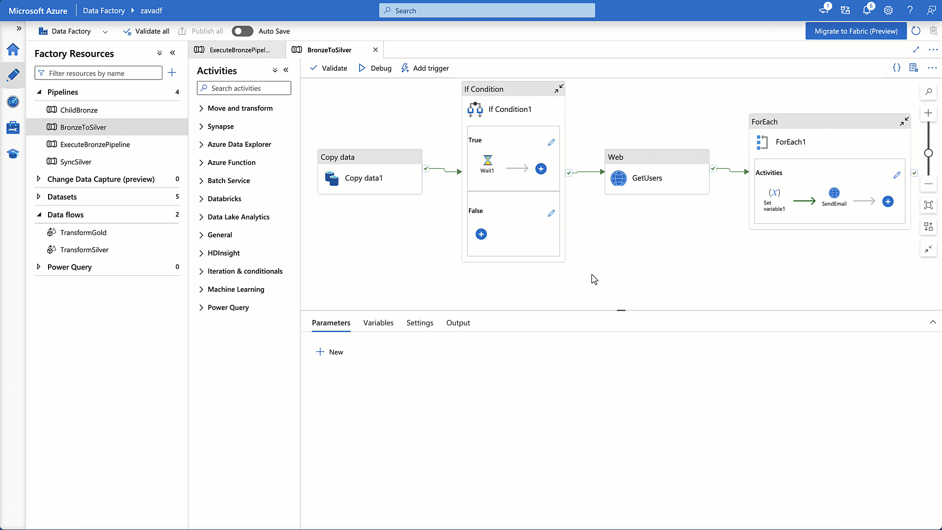 The image shows a visual representation of the Azure Data Factory, displaying various components such as pipelines, activities, and resources, with options to validate, debug, and execute data flows.