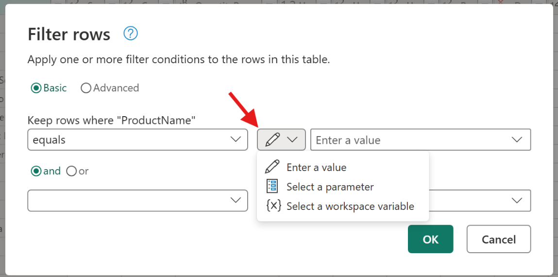 The input widget within a filter rows dialog showing the multiple options available for input.