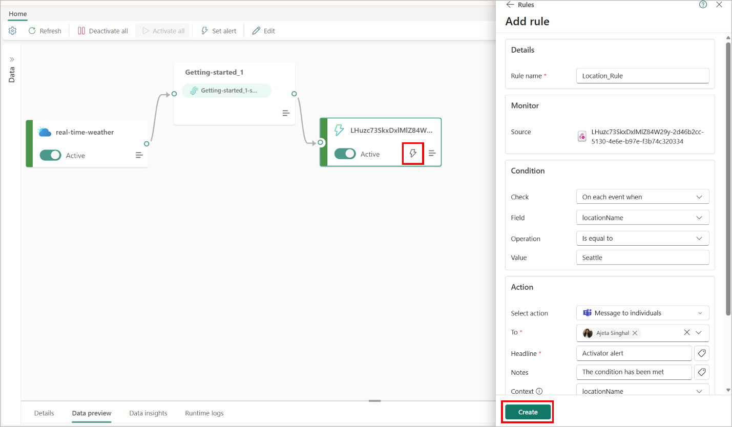 This image shows how you can create an alert inside Eventstream from Activator destination