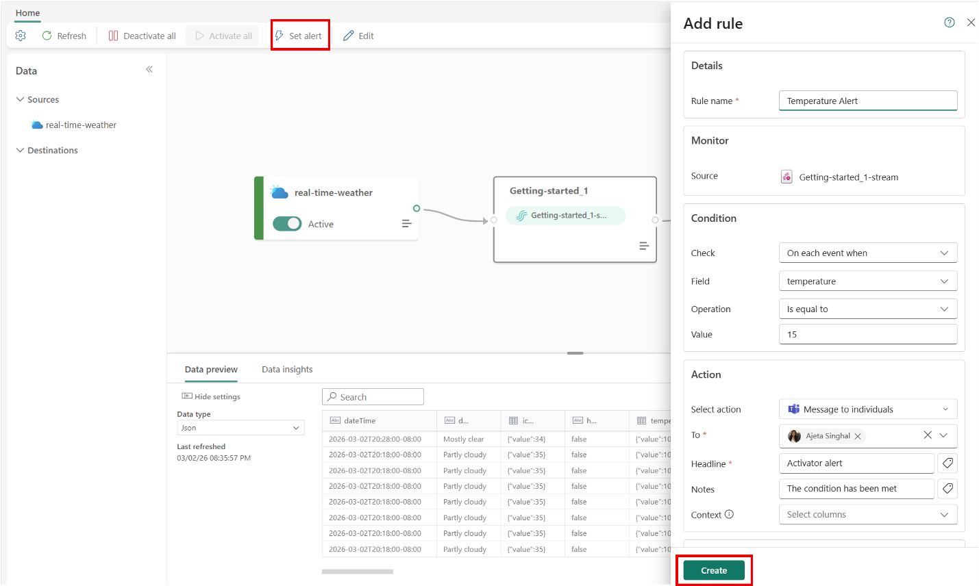 This image shows how you can Set alert directly inside Eventstream