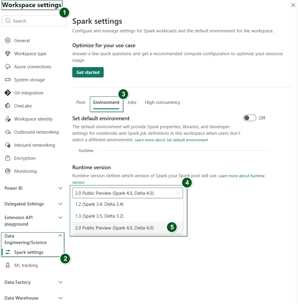 This screenshot shows how you can switch to Runtime 2.0 Public Preview at the Workspace settings level. Additionally, you can also switch to Runtime 2.0 EPP at the Environment level.