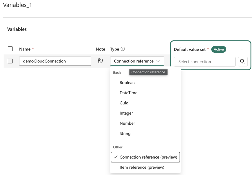 Variable library connection reference item type option